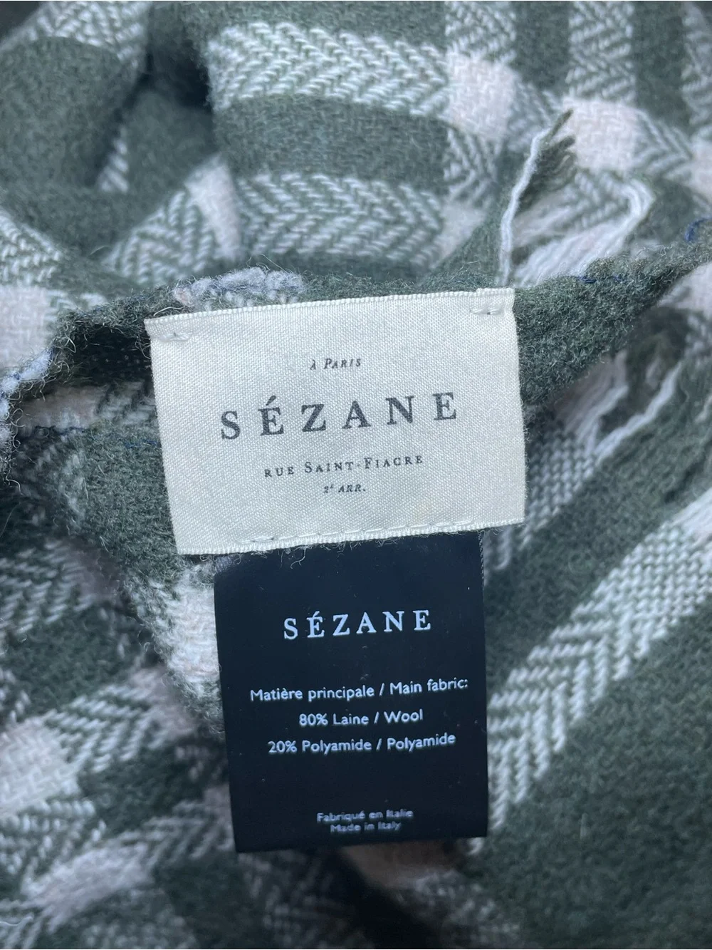 Sézane Green Plaid Wool Fringe Oversized Scarf Made in Italy